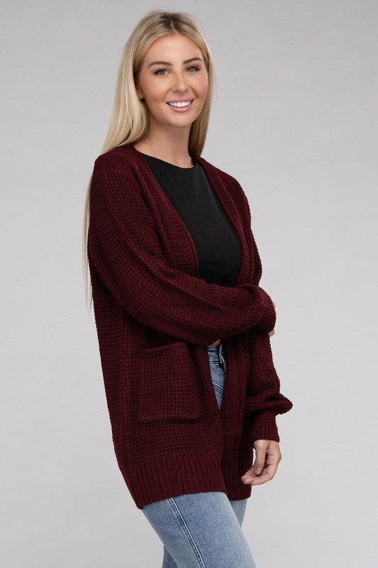 Zenana Low Gauge Waffle Open Cardigan Sweater - Rosa Apparel