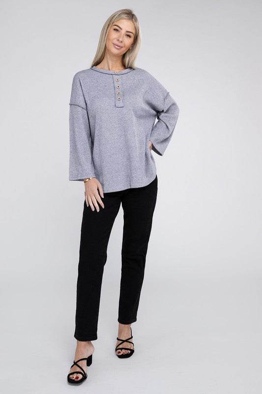 Zenana Ribbed Brushed Melange Hacci Henley Sweater - Rosa Apparel