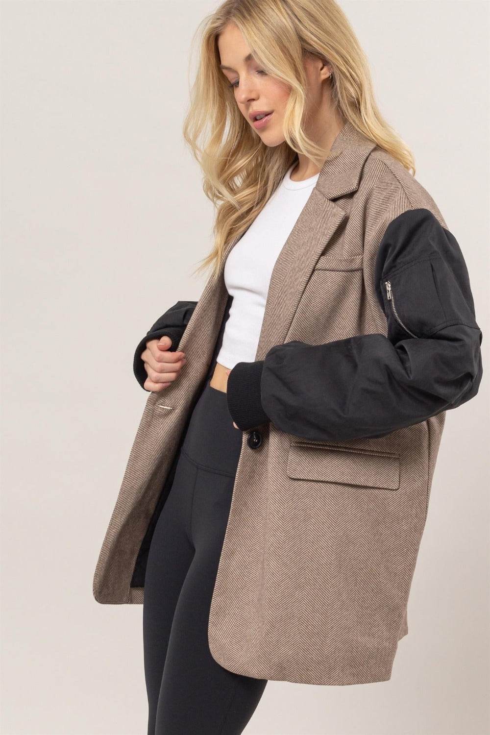 HYFVE Herringbone Mixed Media Contrast Long Sleeve Blazer - Rosa Apparel