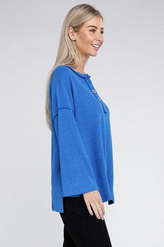 Zenana Ribbed Brushed Melange Hacci Henley Sweater - Rosa Apparel