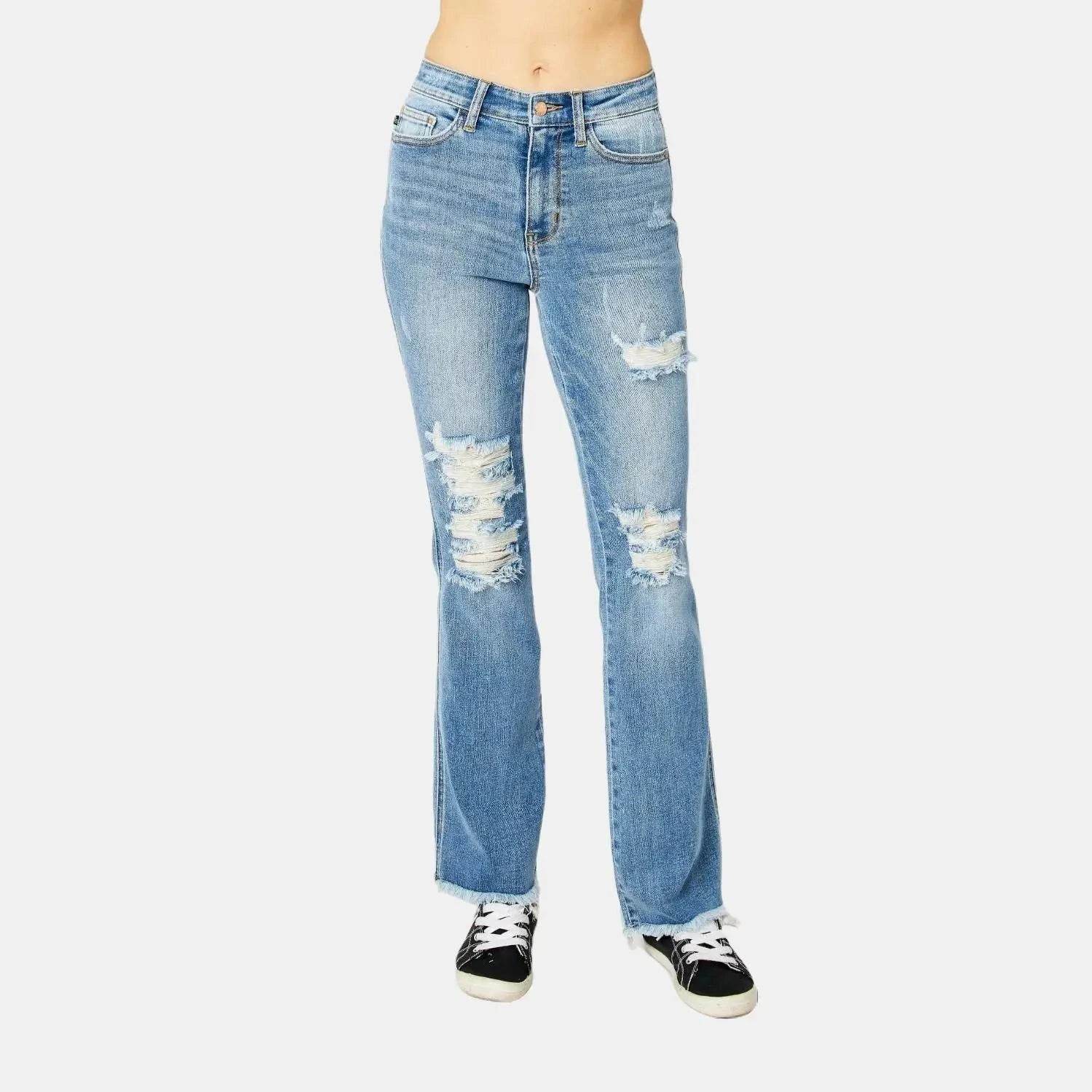 Judy Blue Full Size Distressed Casual Denim Raw Hem Bootcut Jeans Style #: 82542 - Rosa Apparel
