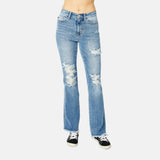 Judy Blue Full Size Distressed Casual Denim Raw Hem Bootcut Jeans Style #: 82542 - Rosa Apparel