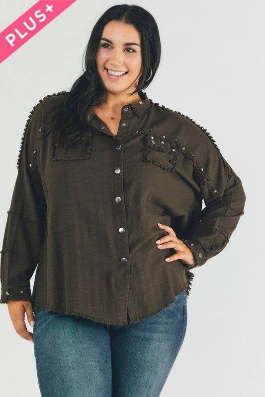 Davi & Dani Plus Distressed Hem Button Down Oversize Shirt - Rosa Apparel