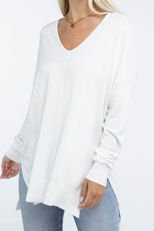 Zenana Hi-Low Hem Front Seam V-Neck Sweater - Rosa Apparel