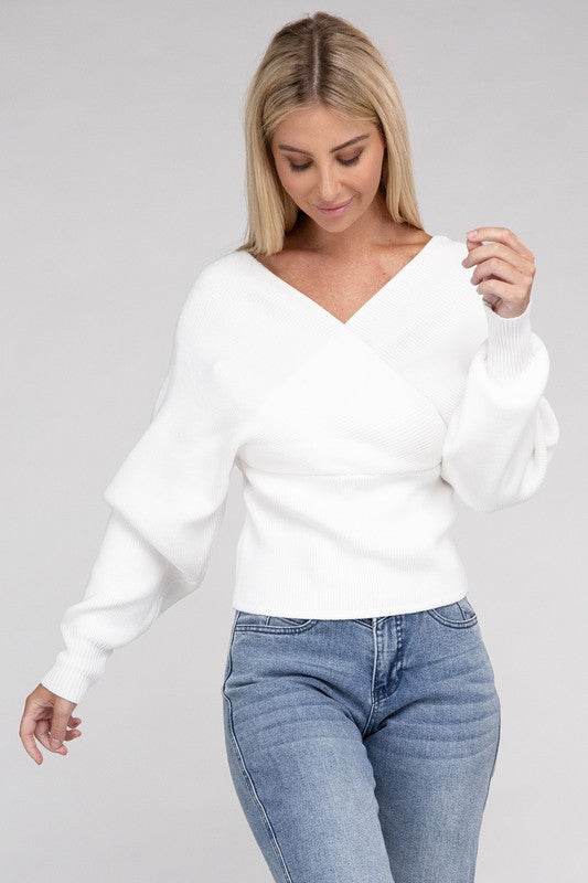 Zenana Viscose Cross Wrap V-Neck Pullover Sweater - Rosa Apparel