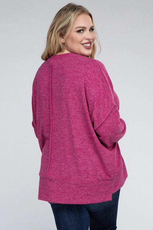 Zenana Plus Brushed Melange Drop Shoulder Sweater - Rosa Apparel