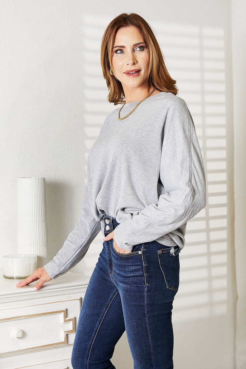 Double Take Seam Detail Round Neck Long Sleeve Top - Rosa Apparel