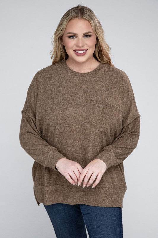 Zenana Plus Brushed Melange Drop Shoulder Sweater - Rosa Apparel