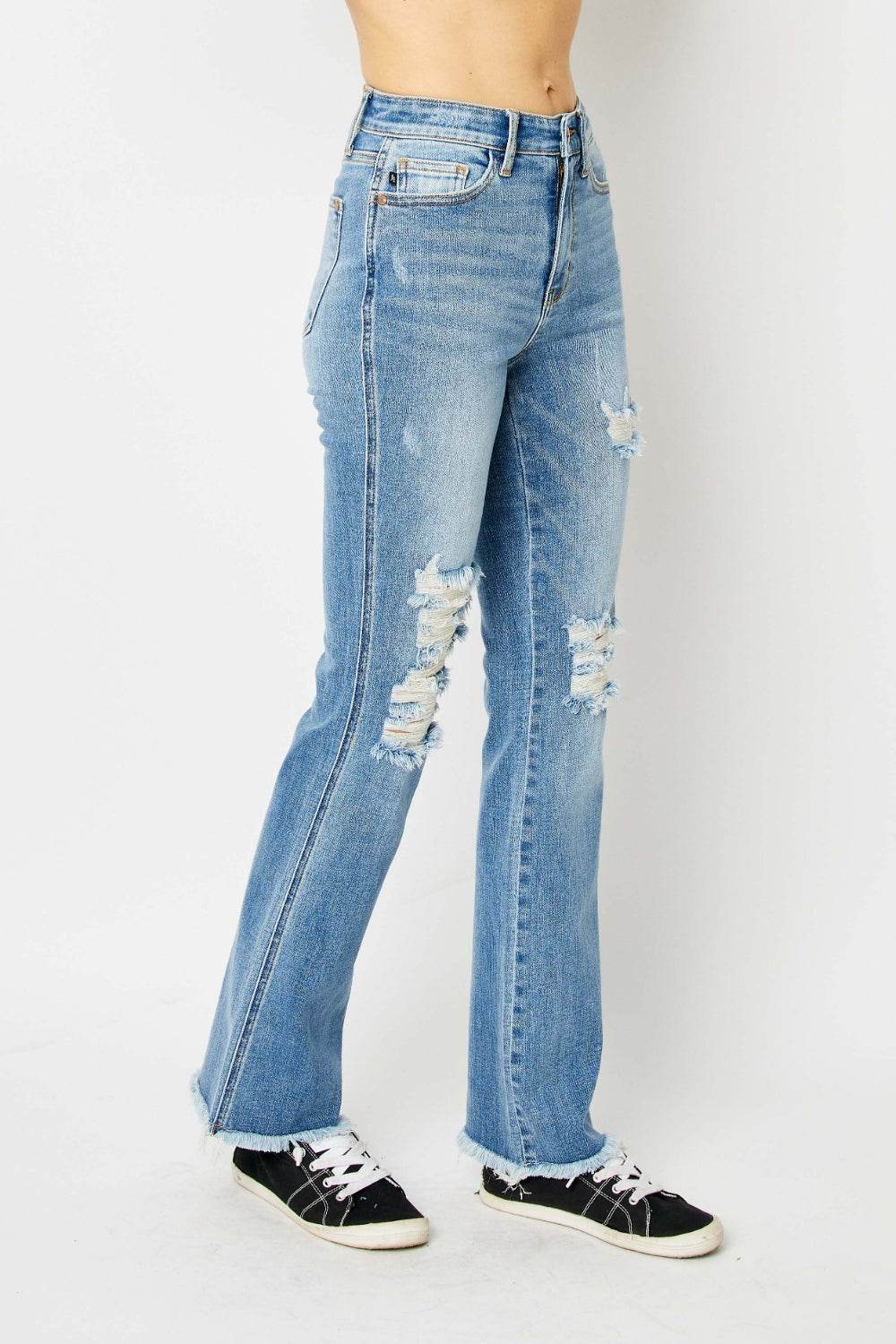 Judy Blue Full Size Distressed Casual Denim Raw Hem Bootcut Jeans Style #: 82542 - Rosa Apparel