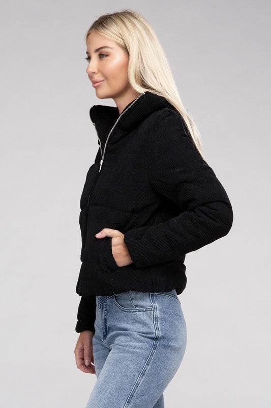 Ambiance Cozy Corduroy Zip-Up High Collar Jacket - Rosa Apparel