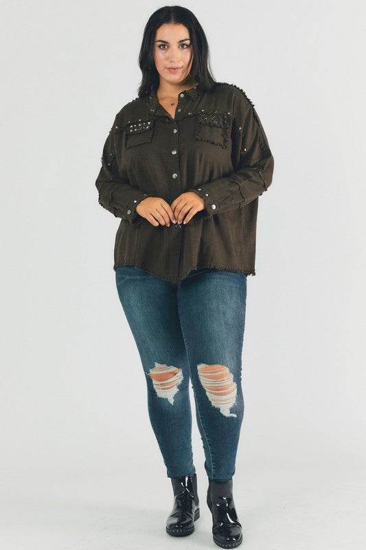 Davi & Dani Plus Distressed Hem Button Down Oversize Shirt - Rosa Apparel