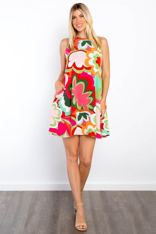 Be Stage Full Size Floral Sleeveless Mini Dress with Pockets - Rosa Apparel