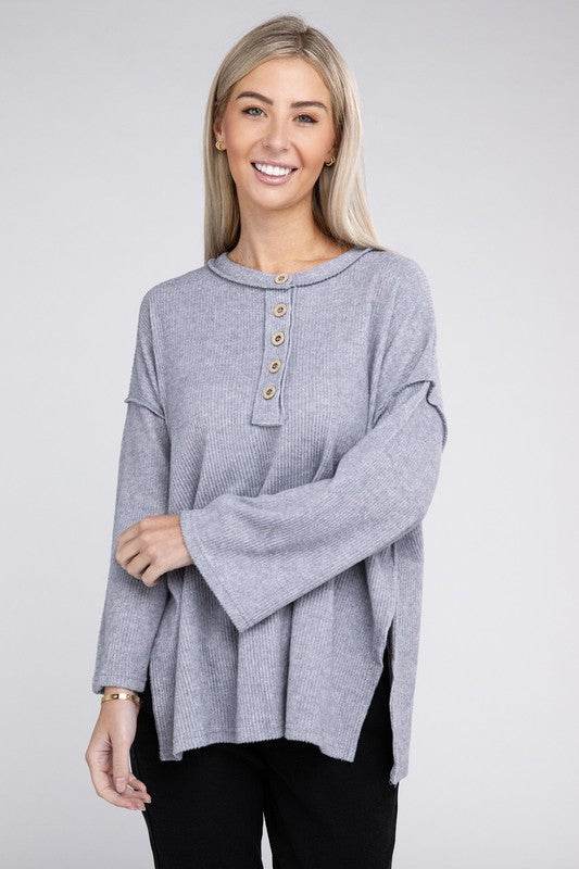 Zenana Ribbed Brushed Melange Hacci Henley Sweater - Rosa Apparel