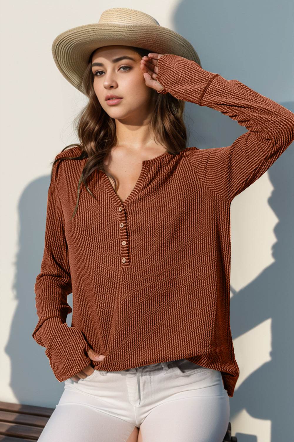 Double Take Full Size Notched Thumbhole Long Sleeve T-Shirt - Rosa Apparel