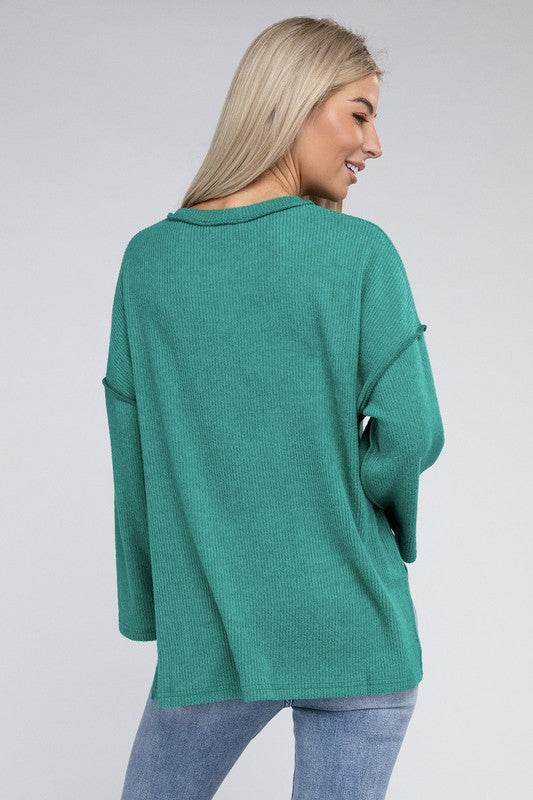 Zenana Ribbed Brushed Melange Hacci Henley Sweater - Rosa Apparel