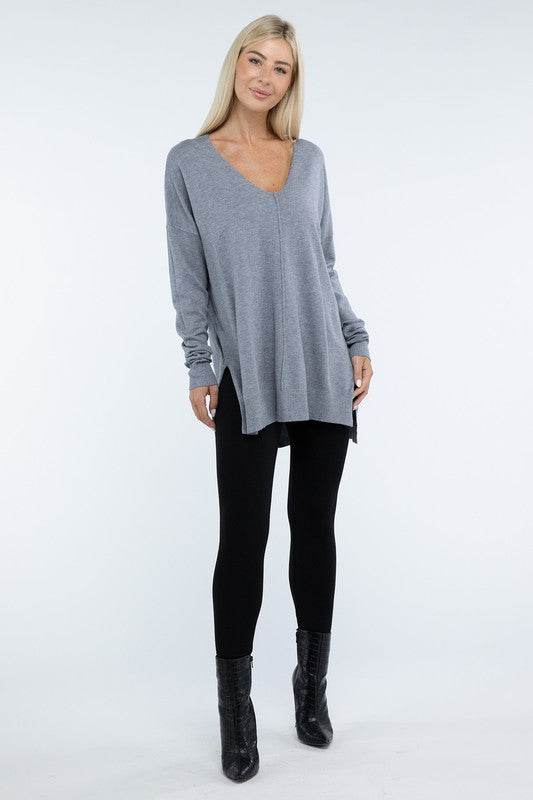 Zenana Hi-Low Hem Front Seam V-Neck Sweater - Rosa Apparel