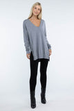 Zenana Hi-Low Hem Front Seam V-Neck Sweater - Rosa Apparel