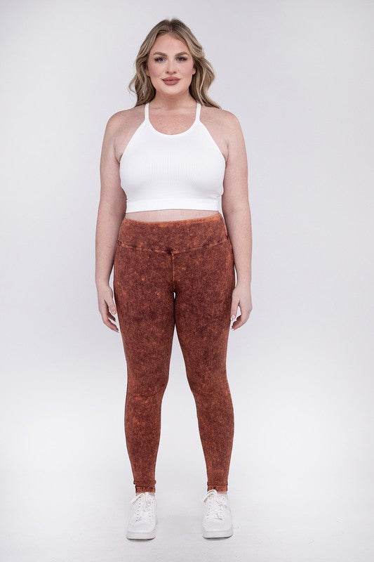 Zenana Plus Mineral Washed Wide Waistband Yoga Leggings - Rosa Apparel