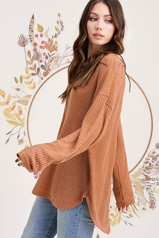 La Miel Bree Waffle Relaxed Raw Edge Boat Neck Sweater - Rosa Apparel