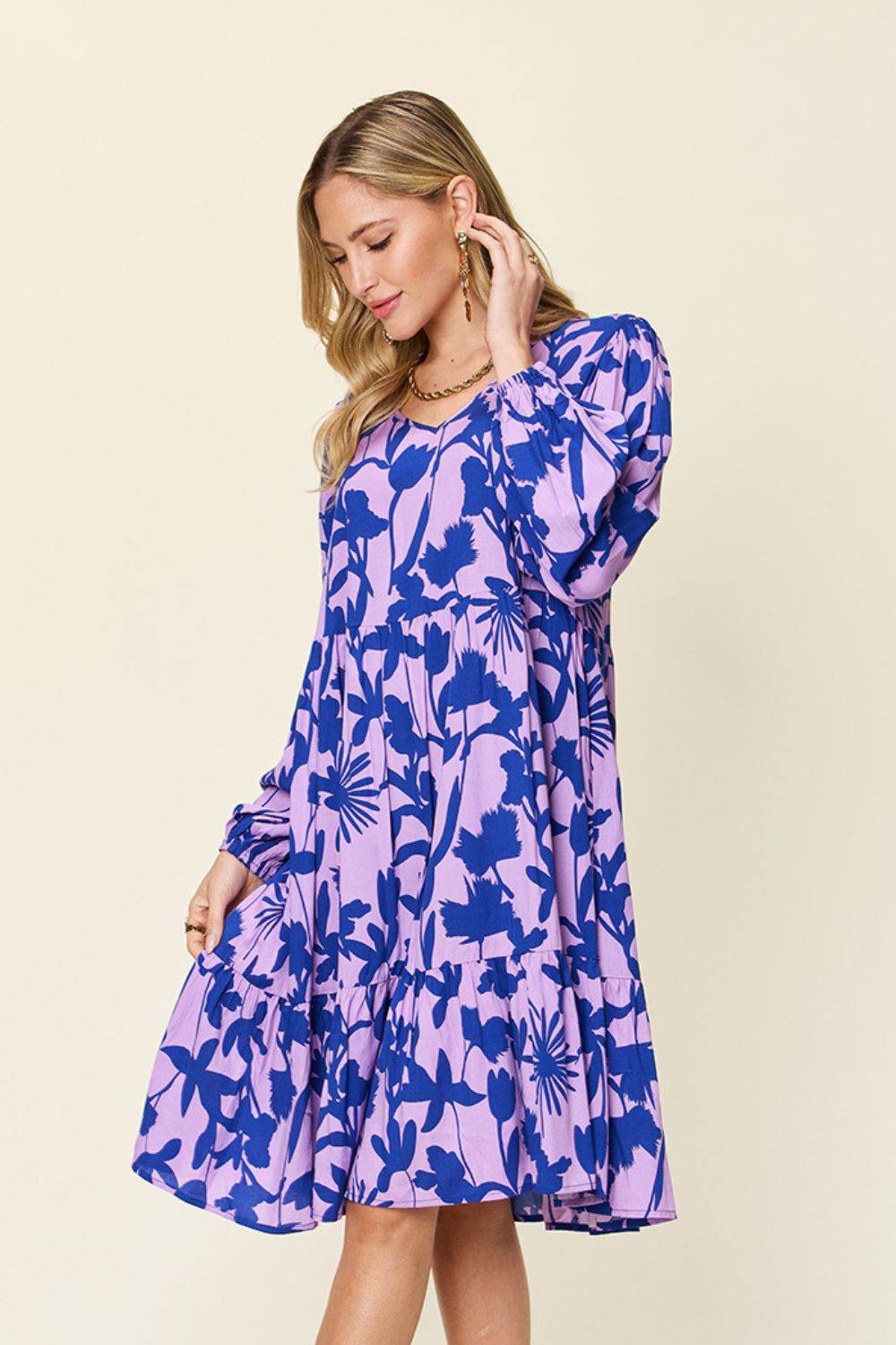 Double Take Full Size Printed Ruffle Hem Long Sleeve Midi Dress - Rosa Apparel