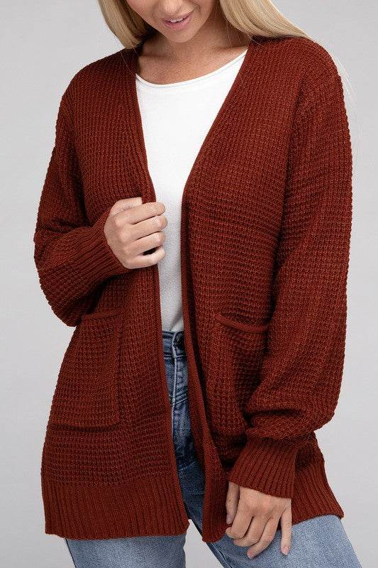 Zenana Low Gauge Waffle Open Cardigan Sweater - Rosa Apparel