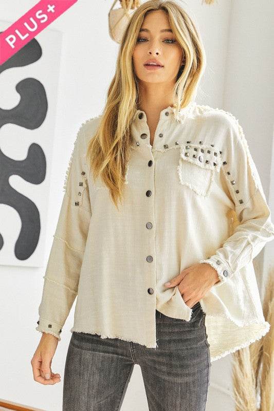 Davi & Dani Plus Distressed Hem Button Down Oversize Shirt - Rosa Apparel
