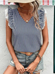 Miss Sparkling Striped Lace Trim Flutter Sleeve Top