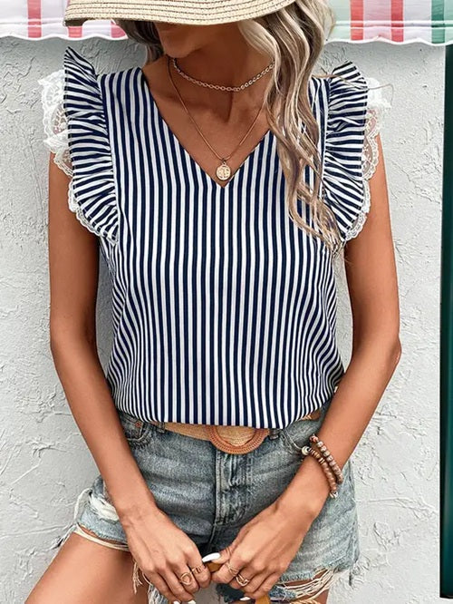 Miss Sparkling Striped Lace Trim Flutter Sleeve Top