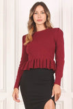 Lilou Peplum Round Neck Long Sleeves Strech Sweater Top - Rosa Apparel