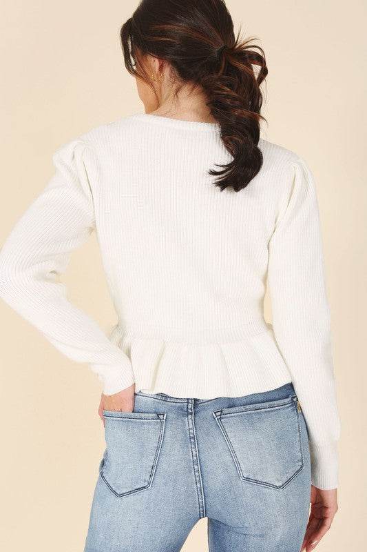 Lilou Peplum Round Neck Long Sleeves Strech Sweater Top - Rosa Apparel
