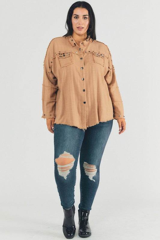 Davi & Dani Plus Distressed Hem Button Down Oversize Shirt - Rosa Apparel