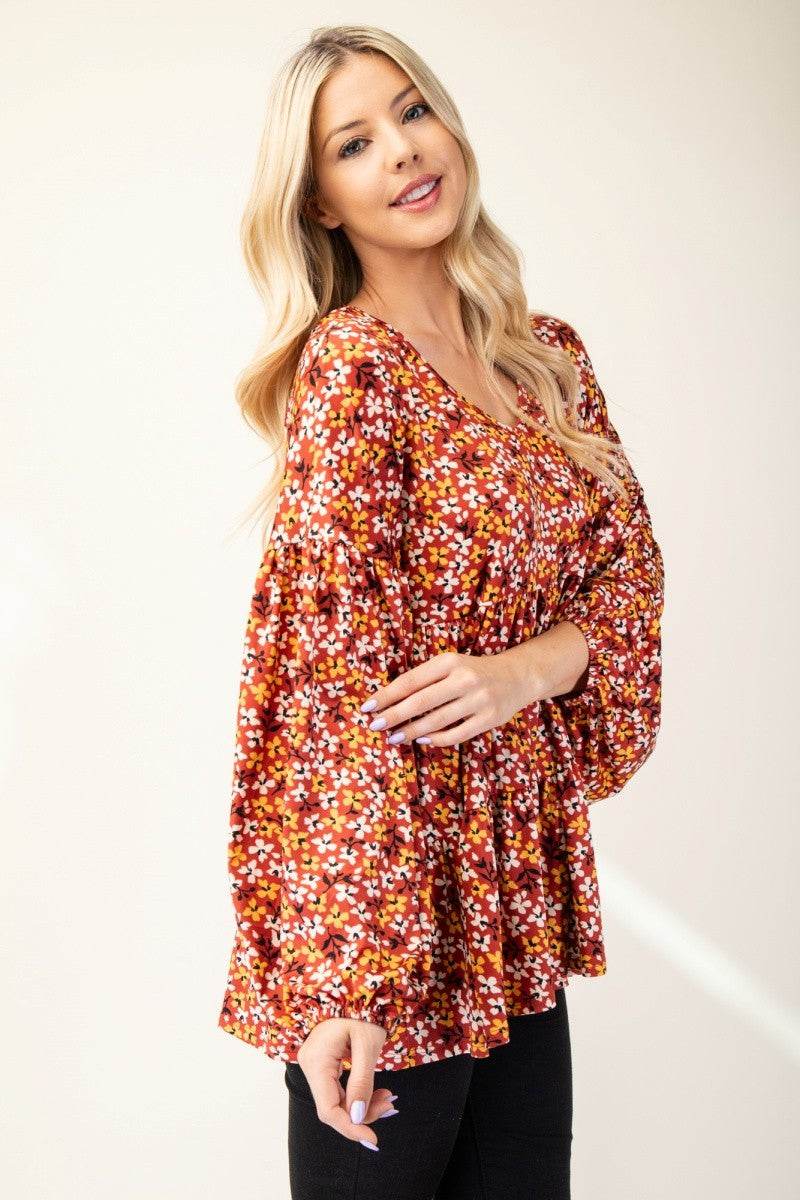 Celeste Full Size Floral V-Neck Balloon Sleeve Blouse - Rosa Apparel