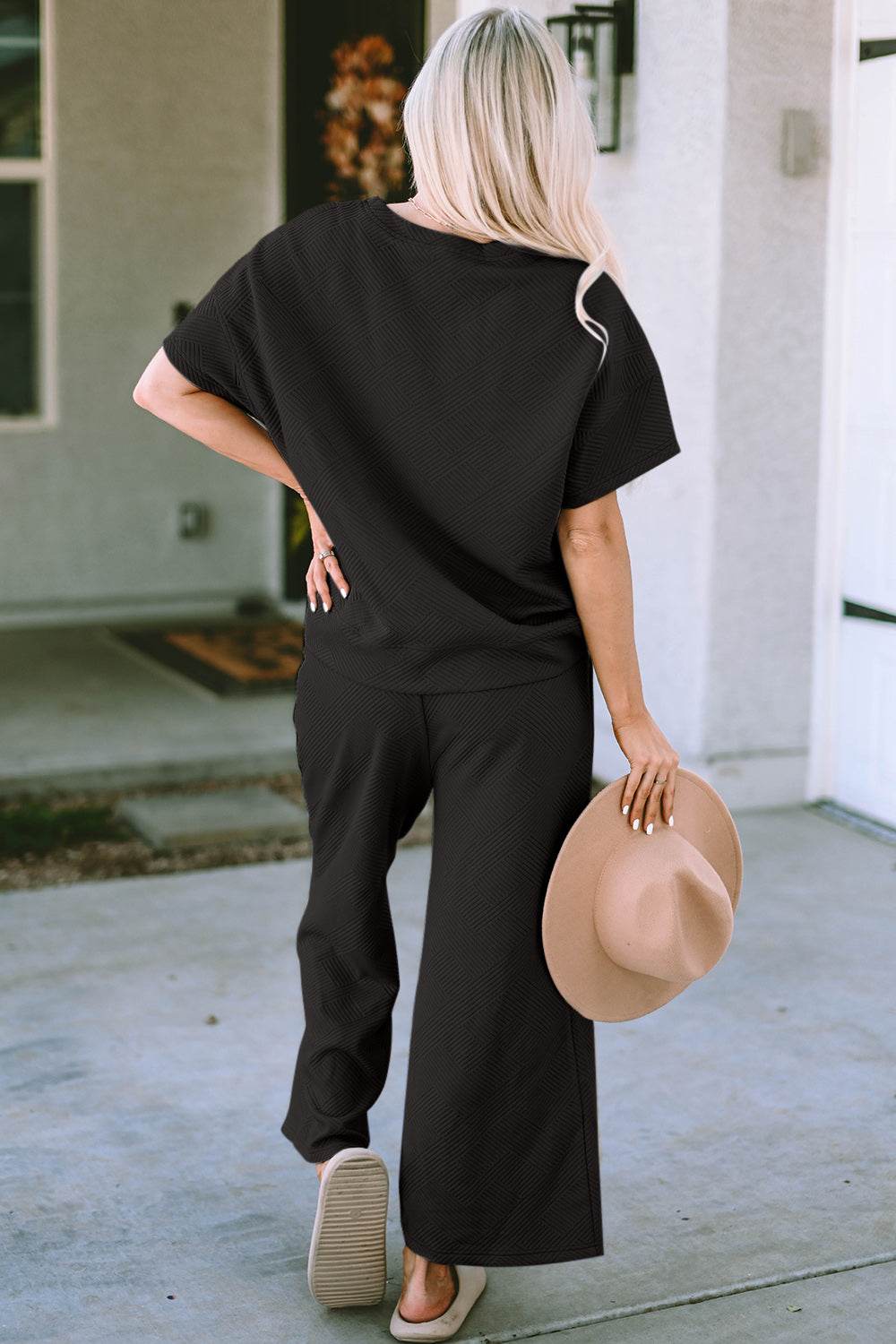 Double Take Full Size Texture Short Sleeve Top and Pants Set - Rosa Apparel
