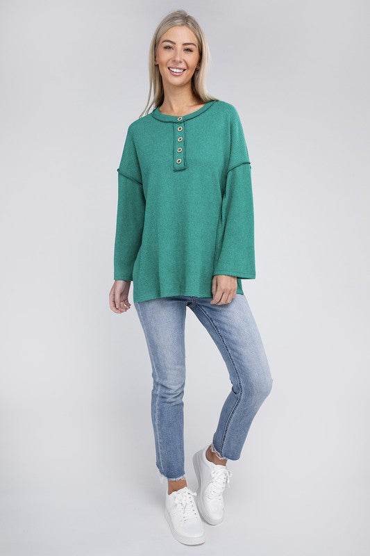 Zenana Ribbed Brushed Melange Hacci Henley Sweater - Rosa Apparel