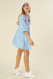 Lilou Gingham Checked Tiered Puff 3/4 Sleeves V-Neck Mini Dress - Rosa Apparel