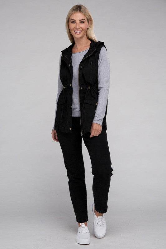 Zenana Drawstring Waist Sleeveless Military Hoodie Vest - Rosa Apparel