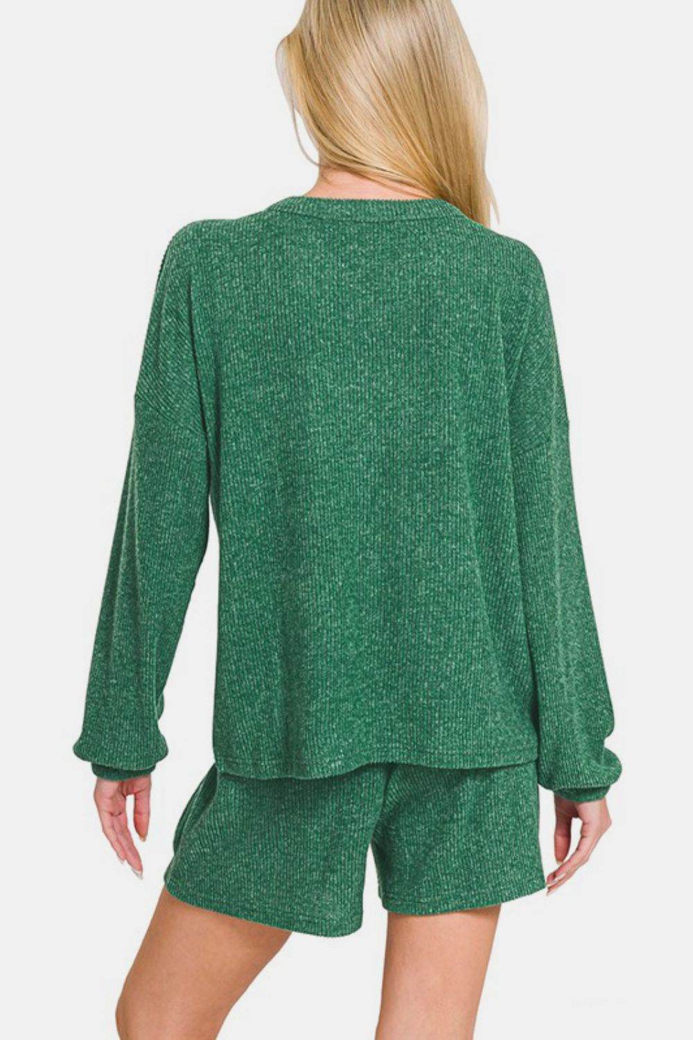 Zenana V-Neck Long Sleeve Ribbed Top and Shorts Set - Rosa Apparel
