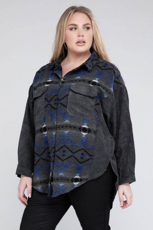 Davi & Dani Plus Printed Button Down Long Sleeve Jacket - Rosa Apparel