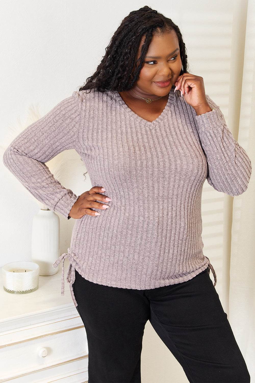 Double Take Drawstring Ribbed Long Sleeve T-Shirt - Rosa Apparel