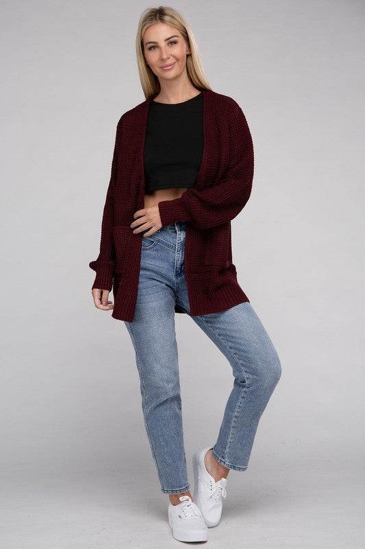 Zenana Low Gauge Waffle Open Cardigan Sweater - Rosa Apparel