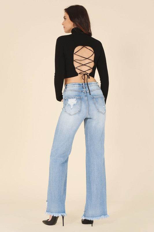Lilou Mock Neck Lace-Up Open Back Long Sleeves Top - Rosa Apparel