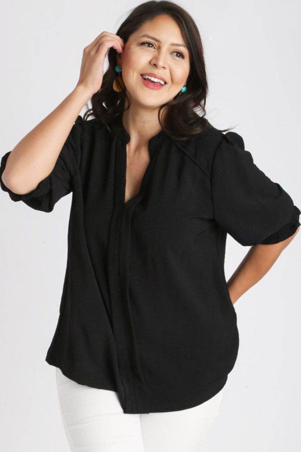 Umgee Full Size Split Neck Boxy Cut Top with Piping Details Plus Size - Rosa Apparel