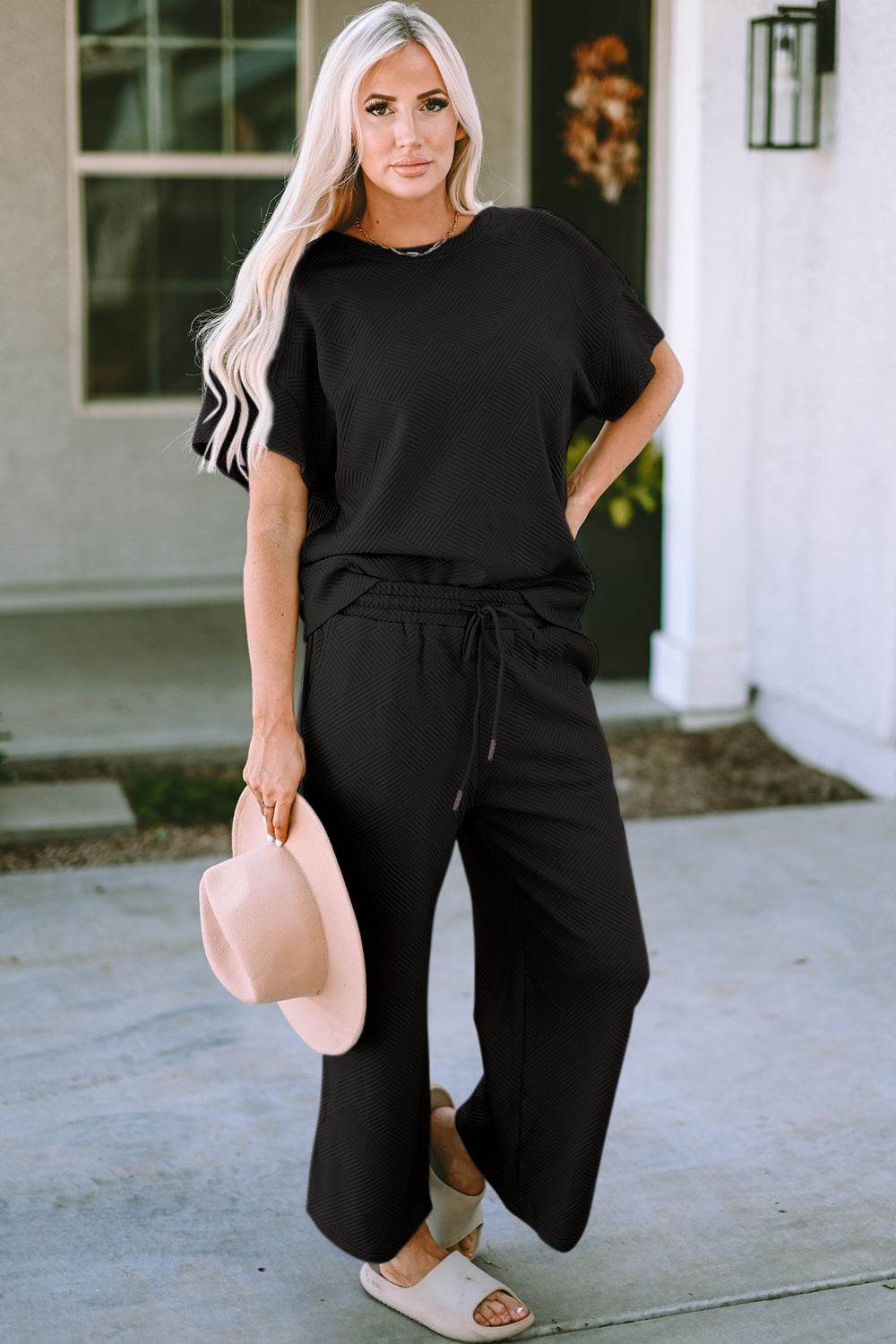 Double Take Full Size Texture Short Sleeve Top and Pants Set - Rosa Apparel