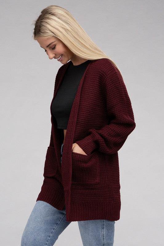 Zenana Low Gauge Waffle Open Cardigan Sweater - Rosa Apparel