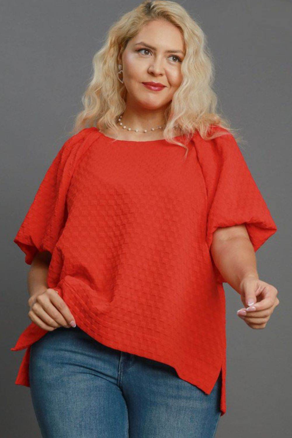 Umgee Full Size Boxy Cut Jacquard Round Neck Top with Side Slit Plus Size - Rosa Apparel