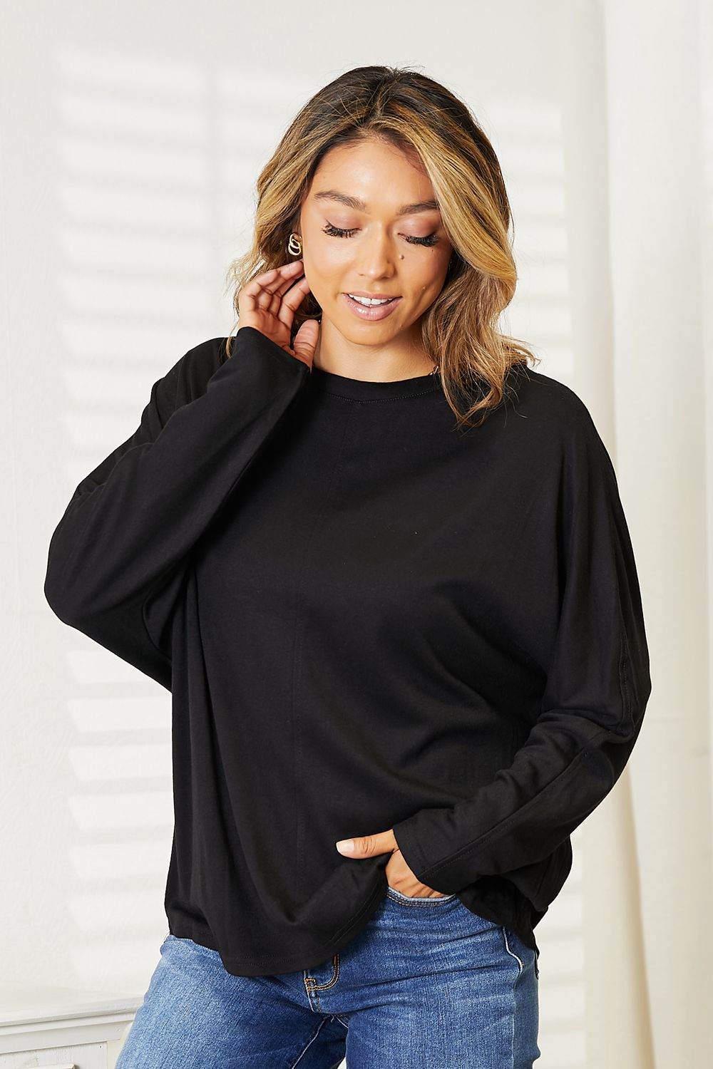 Double Take Seam Detail Round Neck Long Sleeve Top - Rosa Apparel