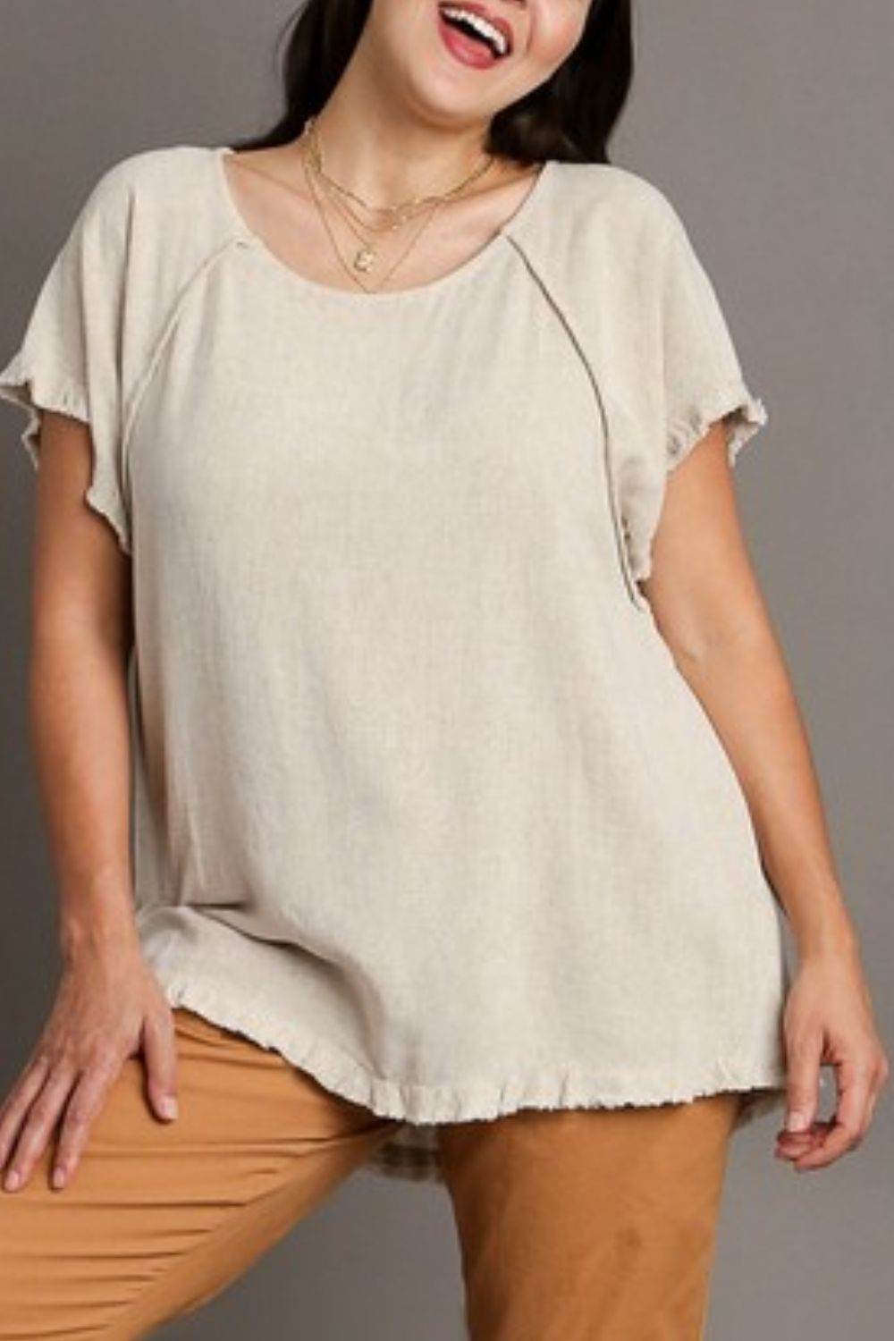 Umgee Full Size Seam Detail Linen Ruffle Fringe Edge Top Plus Size - Rosa Apparel