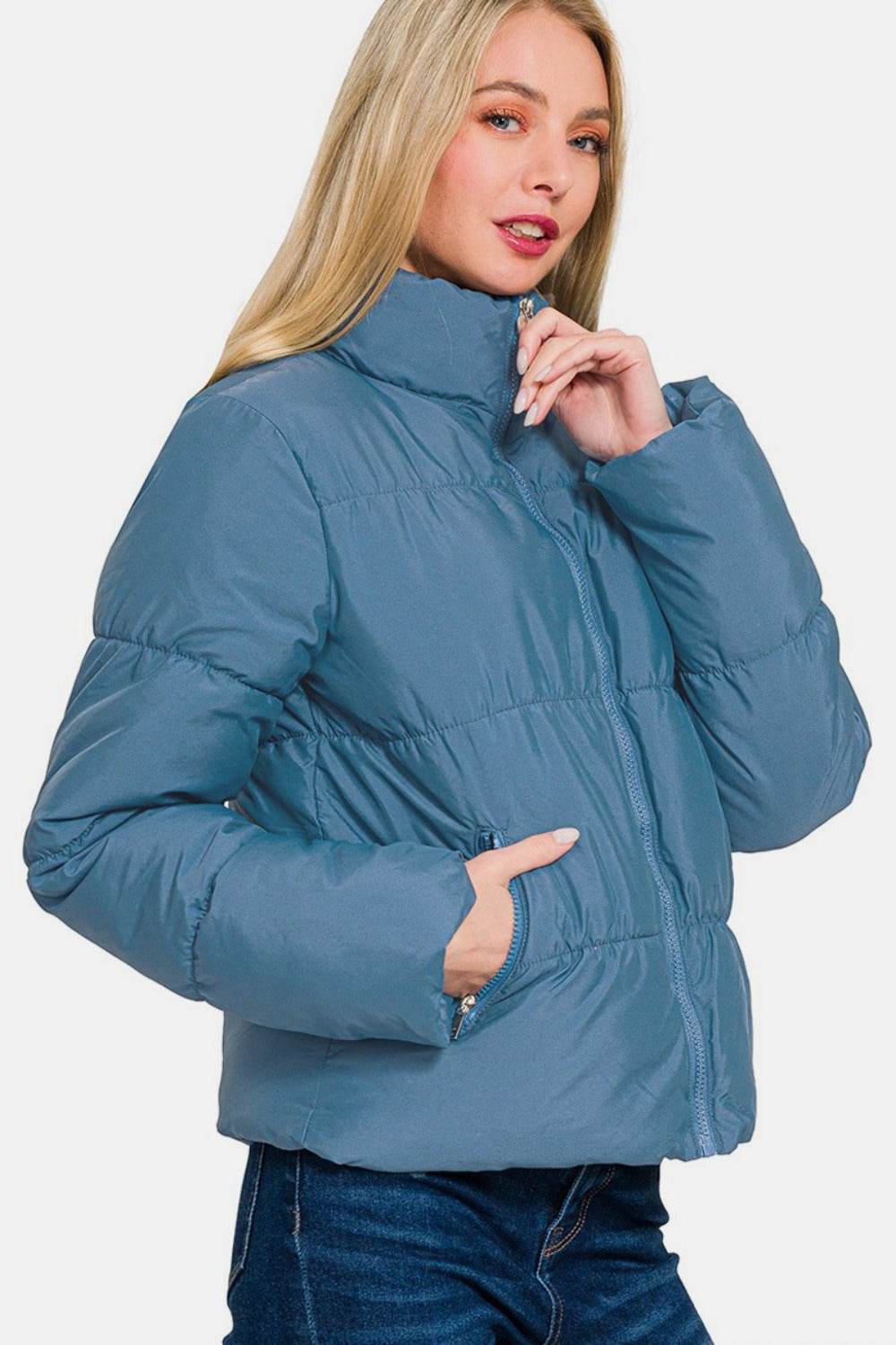 Zenana Zip Up Turtleneck Puffer Jacket with Pockets - Rosa Apparel