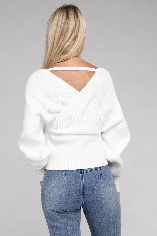 Zenana Viscose Cross Wrap V-Neck Pullover Sweater - Rosa Apparel