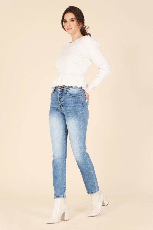 Lilou Peplum Round Neck Long Sleeves Strech Sweater Top - Rosa Apparel
